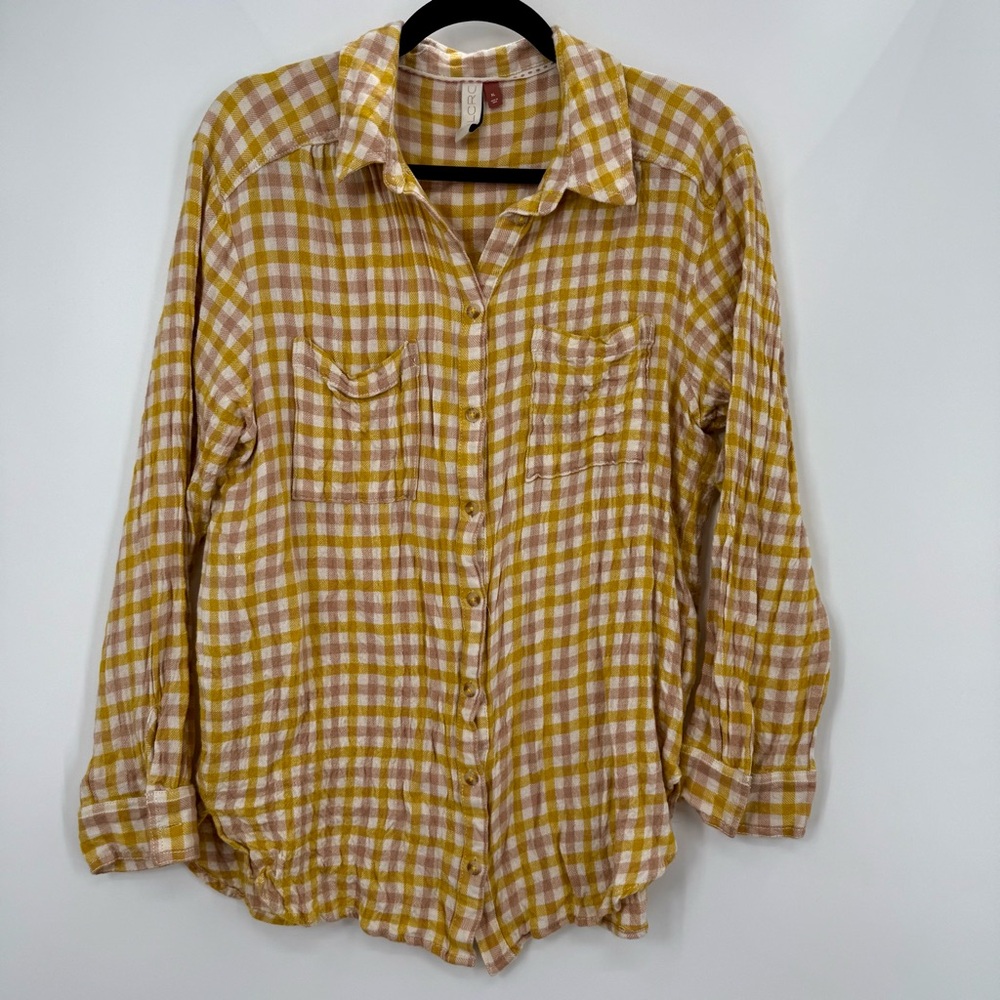 Anthropologie Pilcro Yellow White Plaid Button-Up Shirt Long Sleeve Western XL